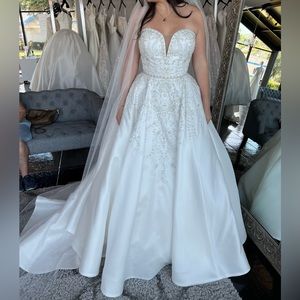 Wedding Gown - Italian fabric hand embroidered with matching detachable sleeves